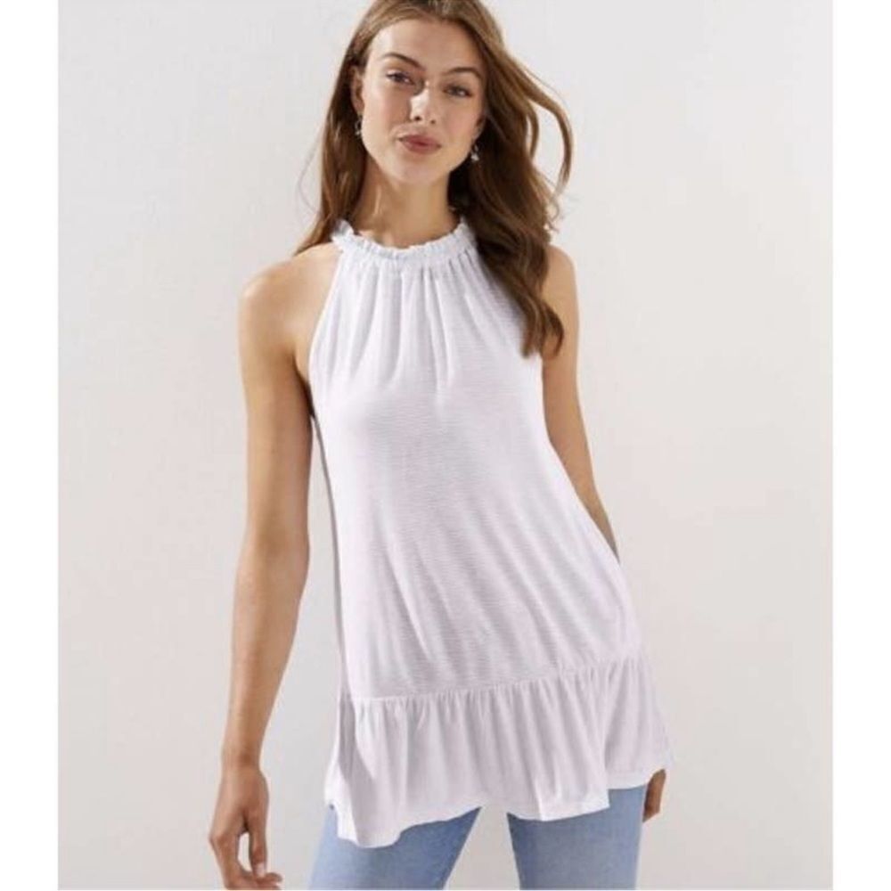 Loft Striped Ruffle Halter Flounce Top Size Large NWOT blue white